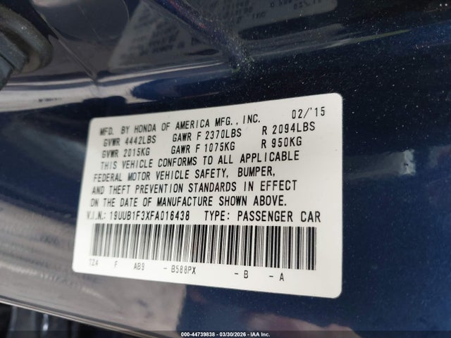 2015 Acura Tlx მანქანა იყიდება აუქციონზე, vin: 19UUB1F3XFA016438, აუქციონის ნომერი: 44739838