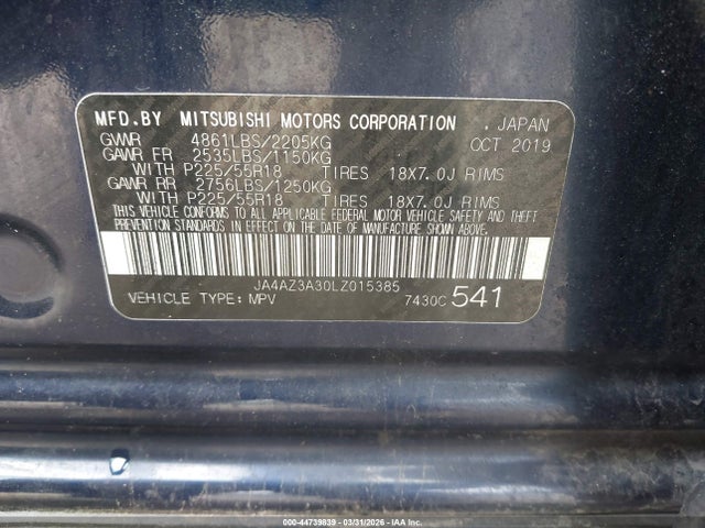 Aukcja sprzedaży 2020 Mitsubishi Outlander Es 2.4 S-awc, vin: JA4AZ3A30LZ015385, numer aukcji: 44739839