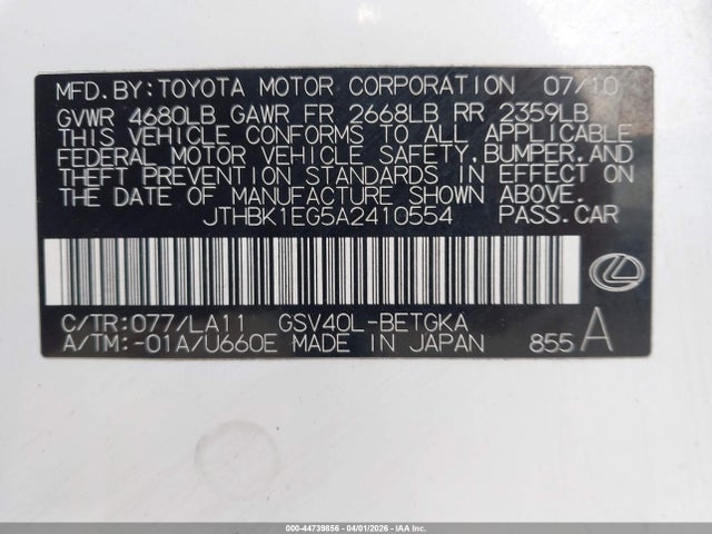 Aukcja sprzedaży 2010 Lexus Es 350, vin: JTHBK1EG5A2410554, numer aukcji: 44739856