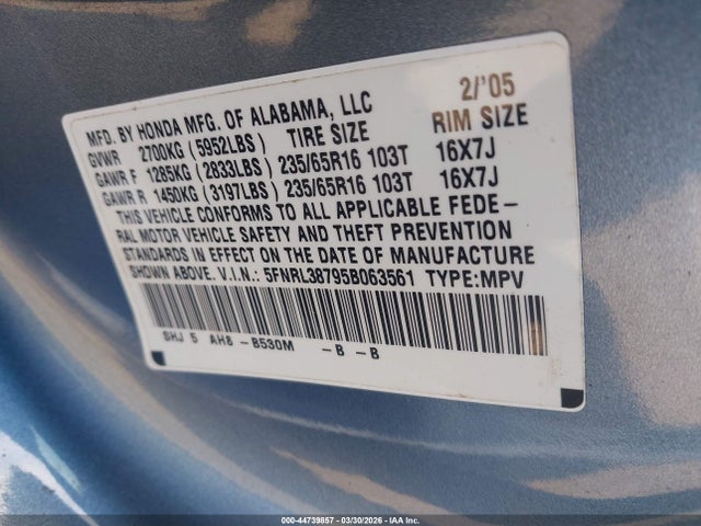 2005 HONDA ODYSSEY 5FNRL38795B063561 Photo 8