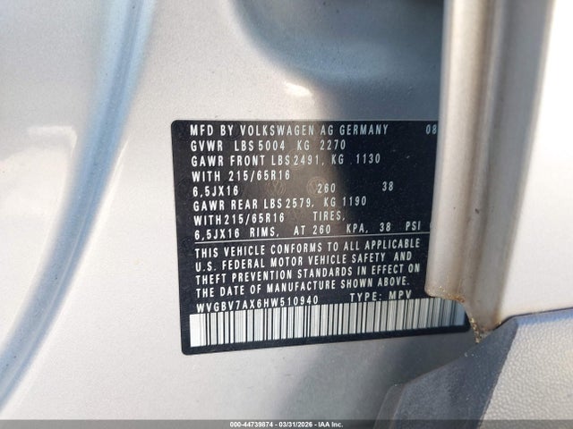 Aukcja sprzedaży 2017 Volkswagen Tiguan 2.0t S, vin: WVGBV7AX6HW510940, numer aukcji: 44739874