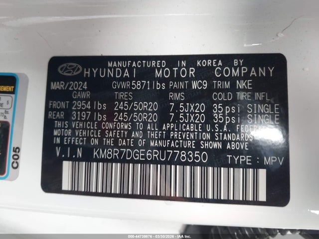 Продаж на аукціоні авто 2024 Hyundai Palisade Calligraphy Night Edition, vin: KM8R7DGE6RU778350, номер лоту: 44739876
