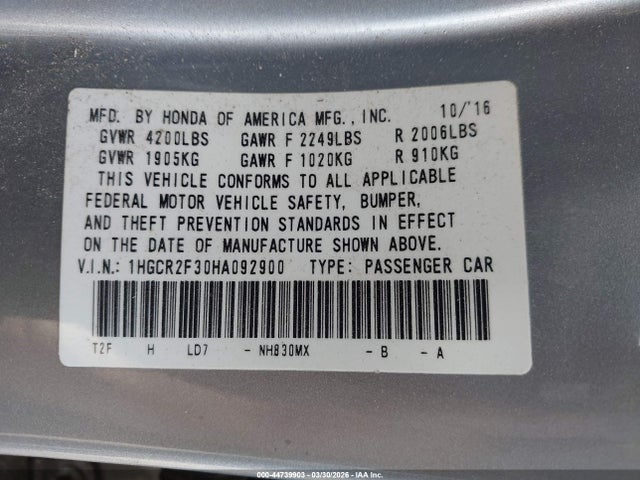 1HGCR2F30HA092900 Honda ACCORD LX