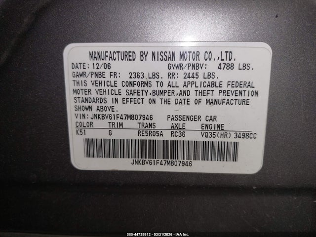 44739912 :رقم المزاد ، JNKBV61F47M807946 vin ، 2007 Infiniti G35x مزاد بيع