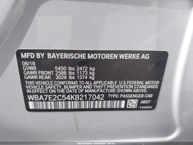Продаж на аукціоні авто 2019 Bmw 740i, vin: WBA7E2C54KB217042, номер лоту: 44739916