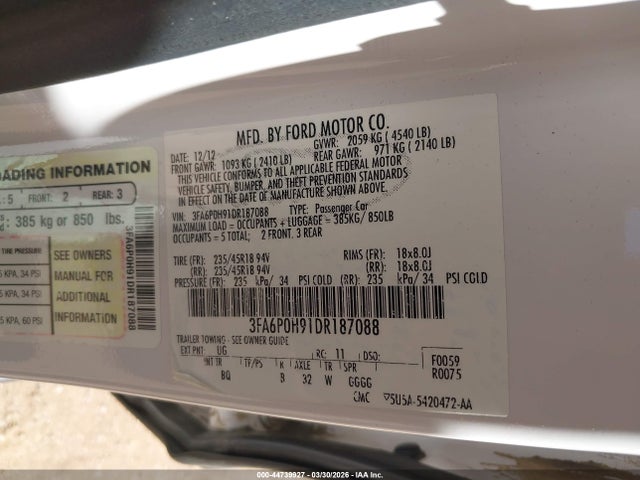 Aukcja sprzedaży 2013 Ford Fusion Se, vin: 3FA6P0H91DR187088, numer aukcji: 44739927