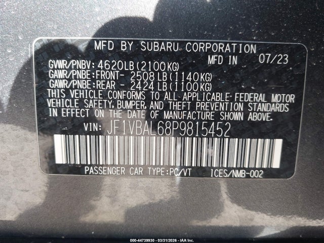 Продаж на аукціоні авто 2023 Subaru Wrx Limited, vin: JF1VBAL68P9815452, номер лоту: 44739930