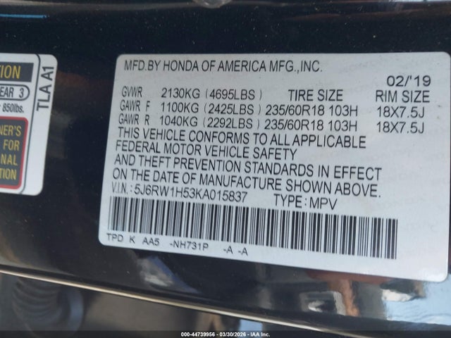 5J6RW1H53KA015837 Honda CR-V EX