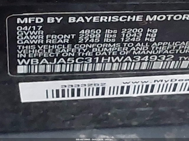 Aukcja sprzedaży 2017 Bmw 530i, vin: WBAJA5C31HWA34932, numer aukcji: 44739965