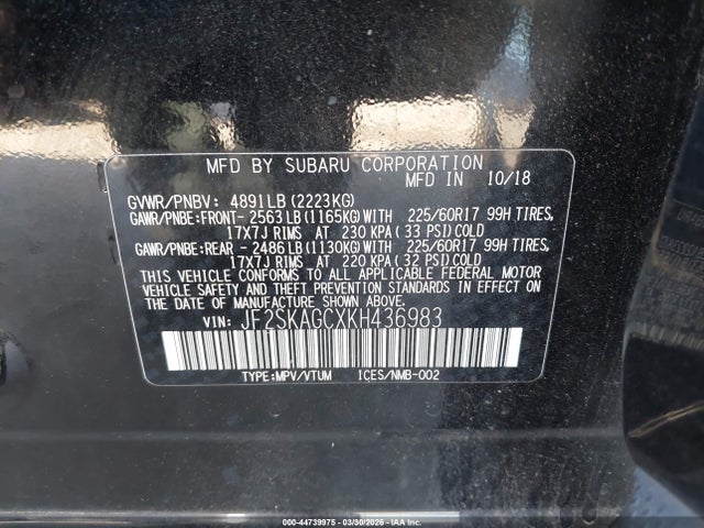 44739975 :رقم المزاد ، JF2SKAGCXKH436983 vin ، 2019 Subaru Forester Premium مزاد بيع
