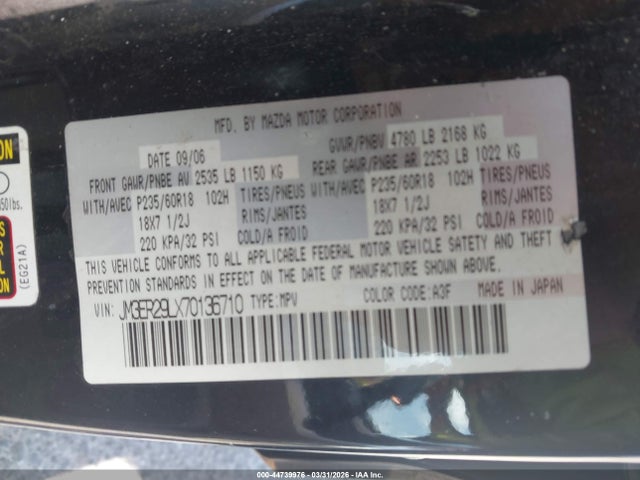 44739976 :رقم المزاد ، JM3ER29LX70136710 vin ، 2007 Mazda Cx-7 Grand Touring مزاد بيع
