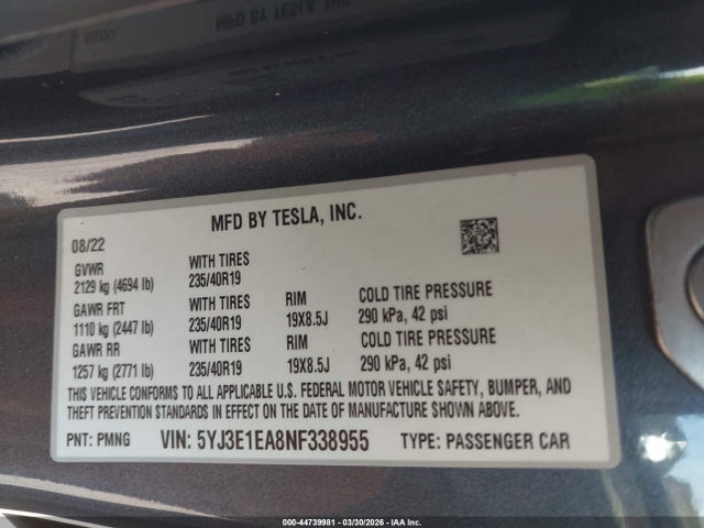 Aukcja sprzedaży 2022 Tesla Model 3 Rear-wheel Drive, vin: 5YJ3E1EA8NF338955, numer aukcji: 44739981
