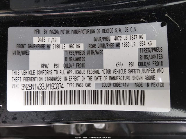 44739987 :رقم المزاد ، 3MZBN1W33JM190874 vin ، 2018 Mazda Mazda3 Grand Touring مزاد بيع