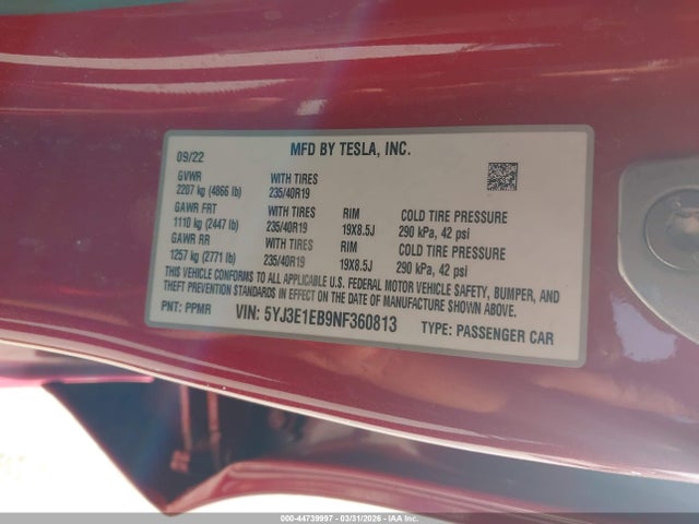 Aukcja sprzedaży 2022 Tesla Model 3 Long Range Dual Motor All-wheel Drive, vin: 5YJ3E1EB9NF360813, numer aukcji: 44739997