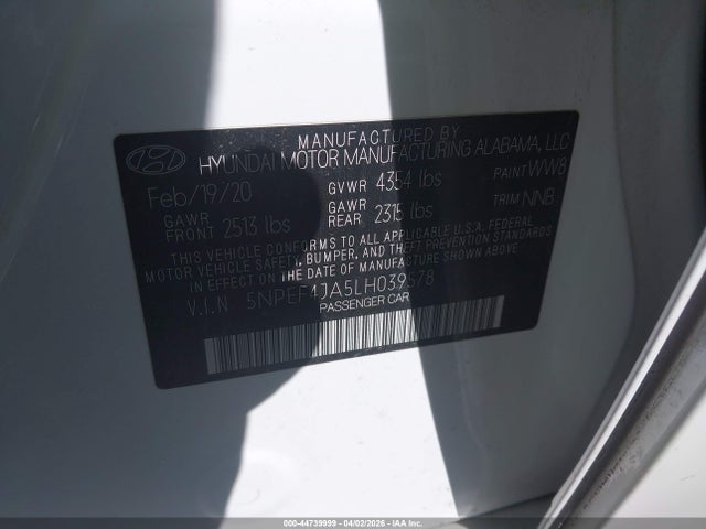 Aukcja sprzedaży 2020 Hyundai Sonata Sel, vin: 5NPEF4JA5LH039578, numer aukcji: 44739999