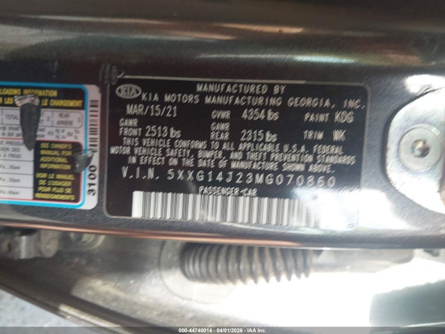 Aukcja sprzedaży 2021 Kia K5 Lxs, vin: 5XXG14J23MG070860, numer aukcji: 44740014