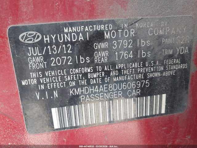 Aukcja sprzedaży 2013 Hyundai Elantra Gls/limited, vin: KMHDH4AE8DU606975, numer aukcji: 44740035