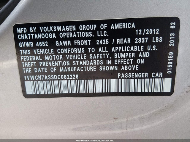 Aukcja sprzedaży 2013 Volkswagen Passat 2.0l Tdi Sel Premium, vin: 1VWCN7A33DC082226, numer aukcji: 44740043