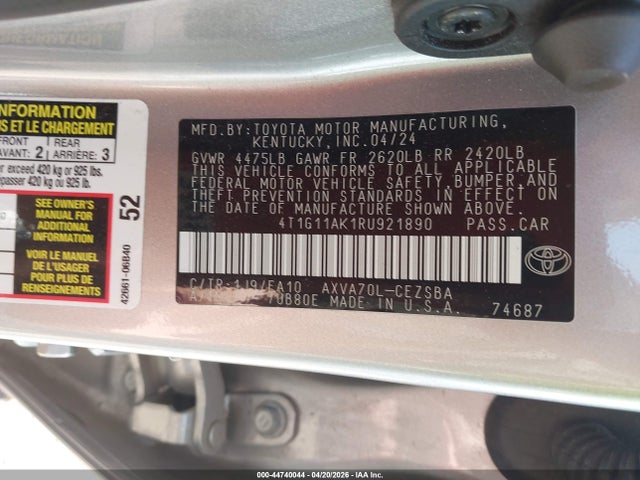 Продаж на аукціоні авто 2024 Toyota Camry Se, vin: 4T1G11AK1RU921890, номер лоту: 44740044