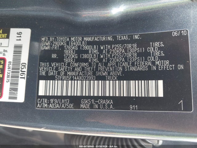 44740045 :رقم المزاد ، 5TFRU5F14AX023993 vin ، 2010 Toyota Tundra Grade V6 مزاد بيع