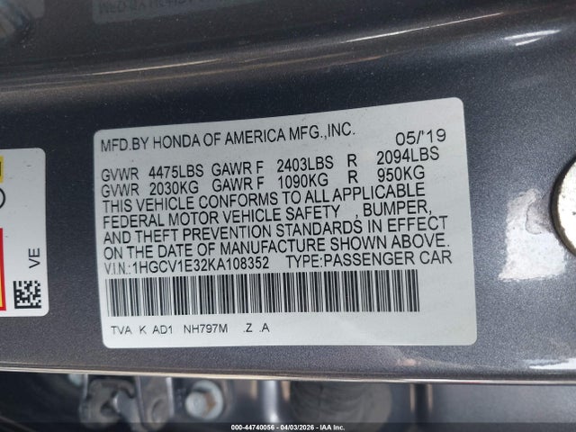 Продаж на аукціоні авто 2019 Honda Accord Sport, vin: 1HGCV1E32KA108352, номер лоту: 44740056