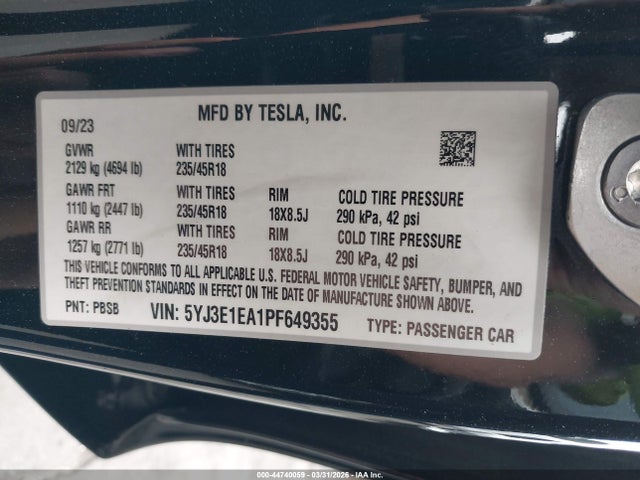 Aukcja sprzedaży 2023 Tesla Model 3 Rear-wheel Drive, vin: 5YJ3E1EA1PF649355, numer aukcji: 44740059