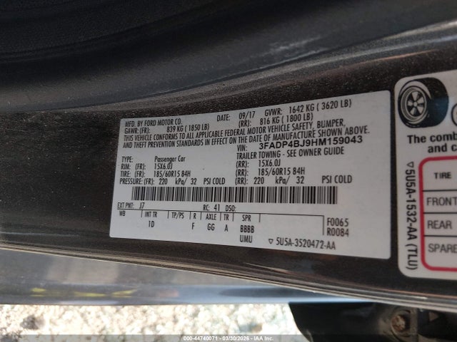 2017 Ford Fiesta Se მანქანა იყიდება აუქციონზე, vin: 3FADP4BJ9HM159043, აუქციონის ნომერი: 44740071