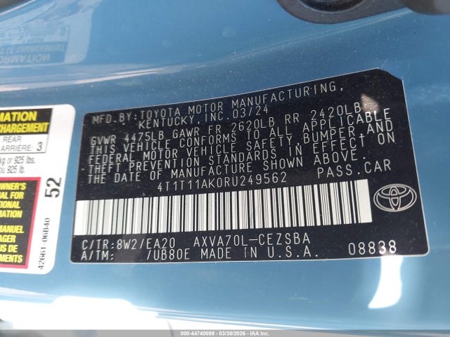 2024 Toyota Camry Se მანქანა იყიდება აუქციონზე, vin: 4T1T11AK0RU249562, აუქციონის ნომერი: 44740099