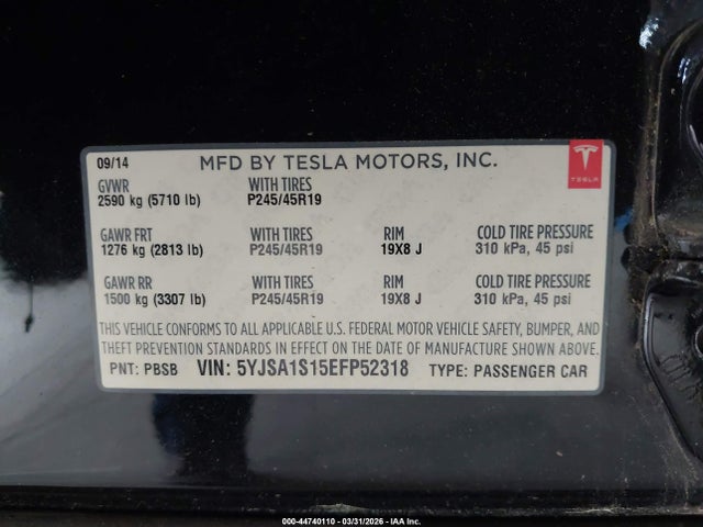 Aukcja sprzedaży 2014 Tesla Model S, vin: 5YJSA1S15EFP52318, numer aukcji: 44740110