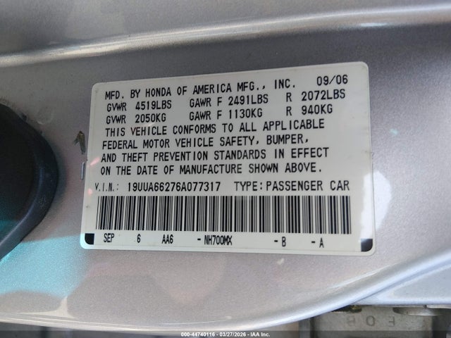 44740116 :رقم المزاد ، 19UUA66276A077317 vin ، 2006 Acura Tl مزاد بيع