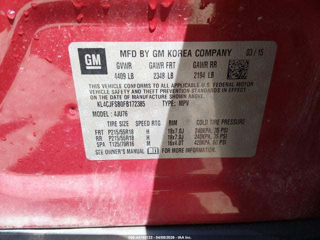 Продажа на аукционе авто 2015 Buick Encore Convenience, vin: KL4CJFSB0FB172385, номер лота: 44740122