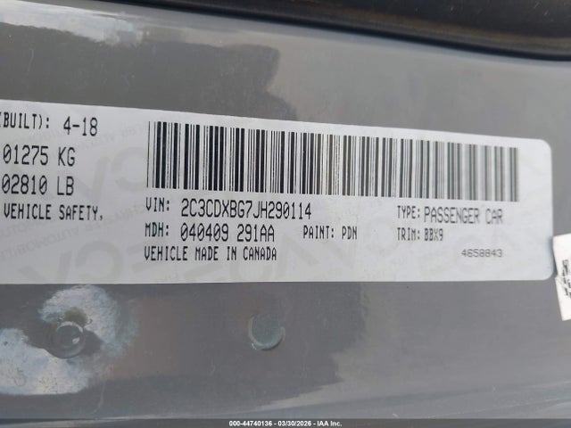 2018 Dodge Charger Sxt Rwd მანქანა იყიდება აუქციონზე, vin: 2C3CDXBG7JH290114, აუქციონის ნომერი: 44740136