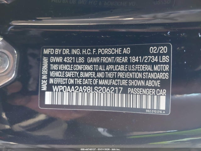 Porsche 911 Carrera/carrera 4 2020 WP0AA2A98LS206217 Image 9