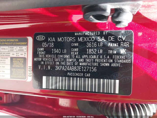 3KPA24AB8JE127156 KIA RIO S
