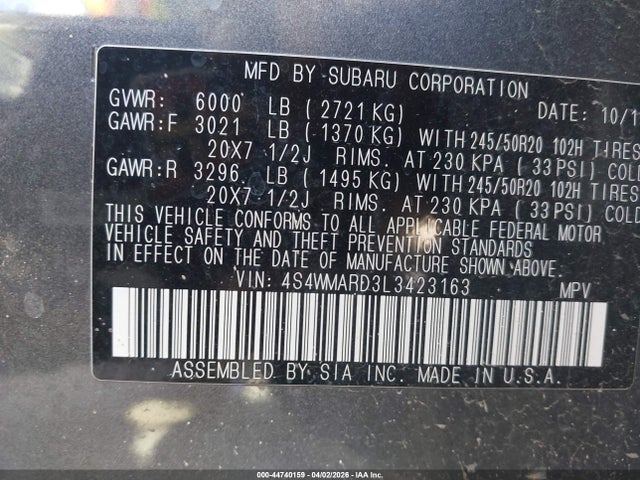 44740159 :رقم المزاد ، 4S4WMARD3L3423163 vin ، 2020 Subaru Ascent Touring مزاد بيع