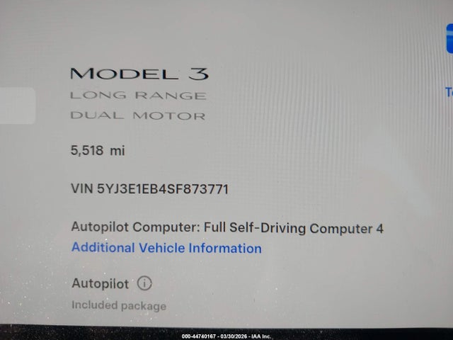 Aukcja sprzedaży 2025 Tesla Model 3 Long Range All-wheel Drive, vin: 5YJ3E1EB4SF873771, numer aukcji: 44740167