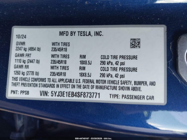 Aukcja sprzedaży 2025 Tesla Model 3 Long Range All-wheel Drive, vin: 5YJ3E1EB4SF873771, numer aukcji: 44740167