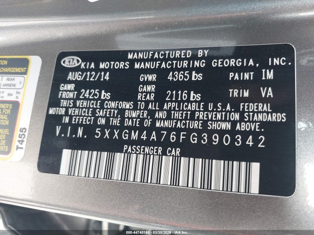 5XXGM4A76FG390342 KIA Optima Lx