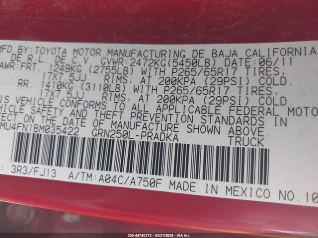 44740172 :رقم المزاد ، 3TMMU4FN1BM035422 vin ، 2011 Toyota Tacoma Base V6 مزاد بيع
