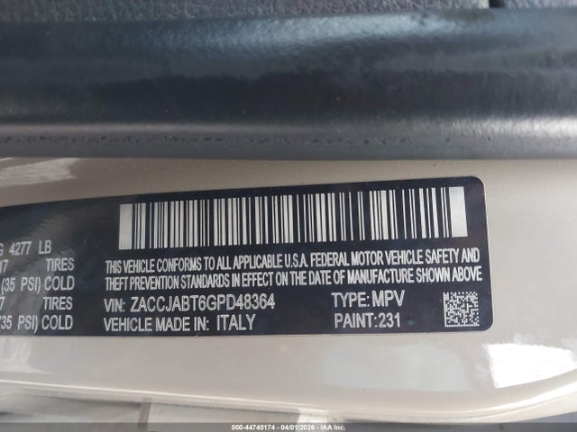 44740174 :رقم المزاد ، ZACCJABT6GPD48364 vin ، 2016 Jeep Renegade Latitude مزاد بيع