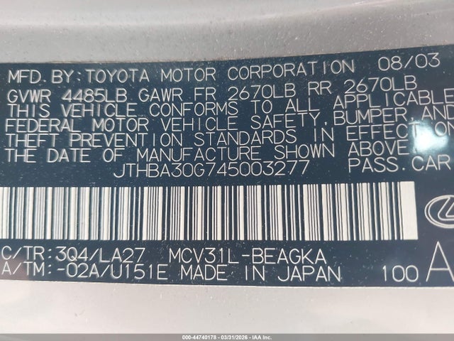 Aukcja sprzedaży 2004 Lexus Es 330, vin: JTHBA30G745003277, numer aukcji: 44740178