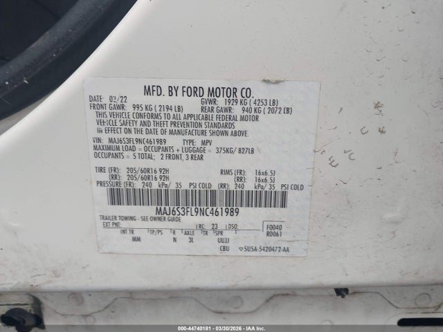 44740181 :رقم المزاد ، MAJ6S3FL9NC461989 vin ، 2022 Ford Ecosport S مزاد بيع