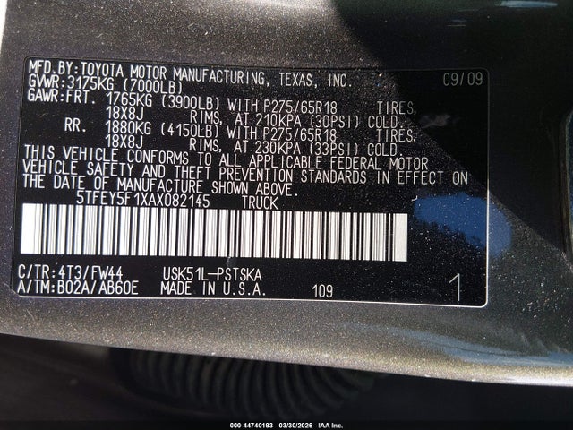 2010 Toyota Tundra Grade 5.7l V8 მანქანა იყიდება აუქციონზე, vin: 5TFEY5F1XAX082145, აუქციონის ნომერი: 44740193