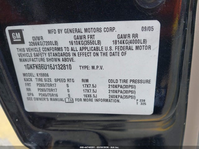 44740201 :رقم المزاد ، 1GKFK66U16J132810 vin ، 2006 Gmc Yukon Xl 1500 Denali مزاد بيع