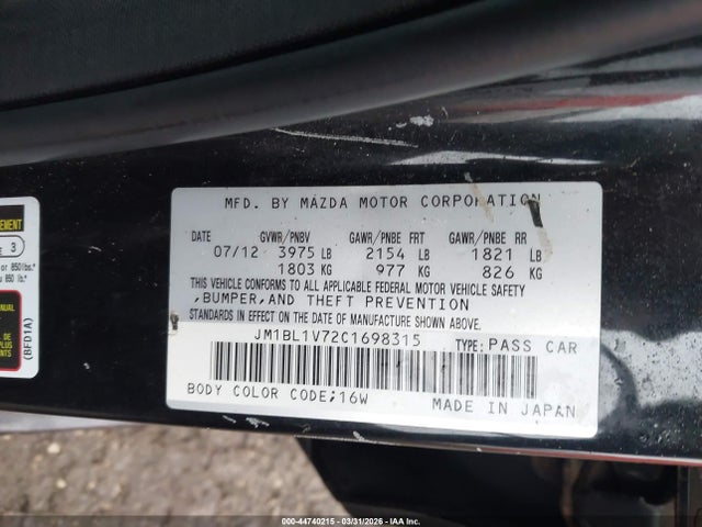 44740215 :رقم المزاد ، JM1BL1V72C1698315 vin ، 2012 Mazda Mazda3 I Touring مزاد بيع
