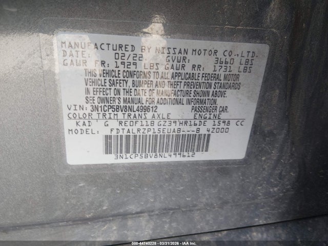 44740228 :رقم المزاد ، 3N1CP5BV8NL499612 vin ، 2022 Nissan Kicks S Xtronic Cvt مزاد بيع