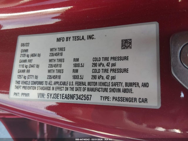 Продаж на аукціоні авто 2022 Tesla Model 3 Rear-wheel Drive, vin: 5YJ3E1EA8NF342567, номер лоту: 44740242