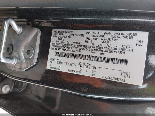 44740244 :رقم المزاد ، 5LMCJ3D95KUL17054 vin ، 2019 Lincoln Mkc Reserve مزاد بيع