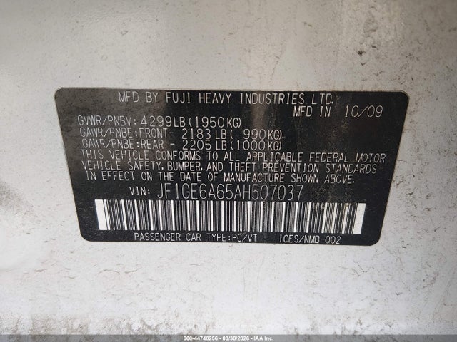 44740256 :رقم المزاد ، JF1GE6A65AH507037 vin ، 2010 Subaru Impreza 2.5i مزاد بيع