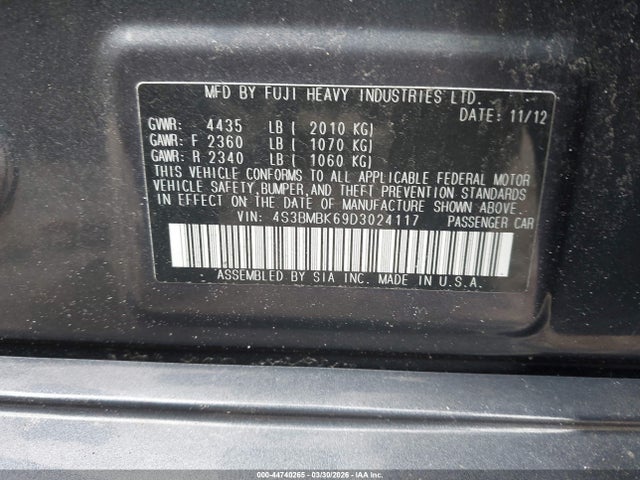 44740265 :رقم المزاد ، 4S3BMBK69D3024117 vin ، 2013 Subaru Legacy 2.5i Limited مزاد بيع